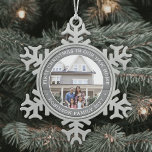First Christmas New Home Photo Faux Grey Wood Snowflake Pewter Christmas Ornament<br><div class="desc">Celebrate the joy of your new place with a custom photo "First Christmas in our New Home" round metal snowflake ornament. Text and picture on this template are simple to personalise for any occasion. (IMAGE & TEXT DESIGN TIPS: 1) To adjust position of wording, add spaces at beginning or end....</div>