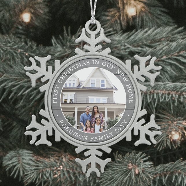 First Christmas New Home Photo Faux Grey Wood Snowflake Pewter Christmas Ornament (Creator Uploaded)