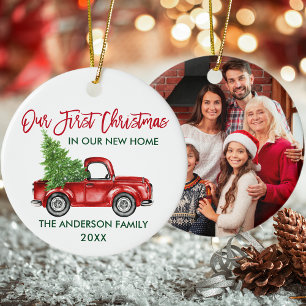 First Christmas New Home Red Truck PHOTO Ceramic Tree Decoration