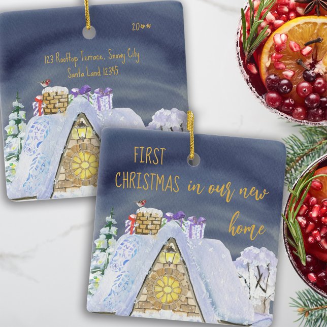 First Christmas New Home Rooftop Santa Footprints Ceramic Ornament (Creator Uploaded)