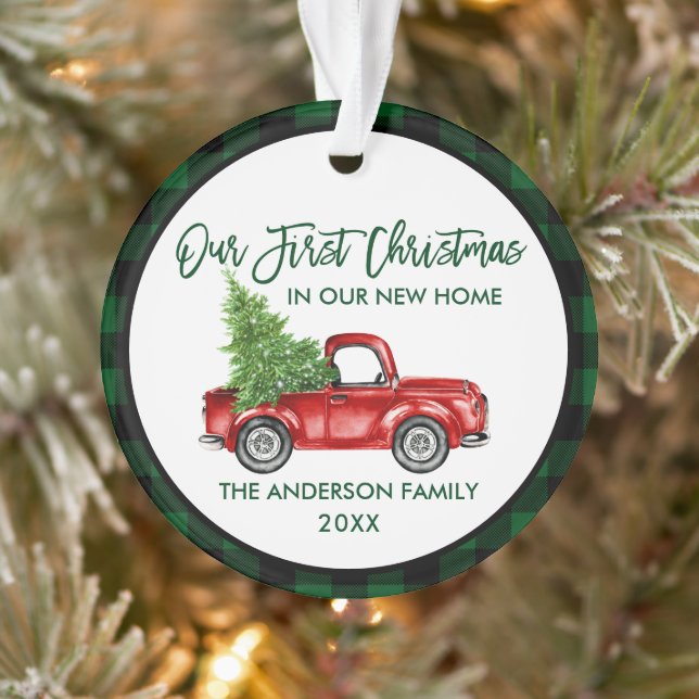 First Christmas New Home Truck Green Plaid Ornament (Tree)