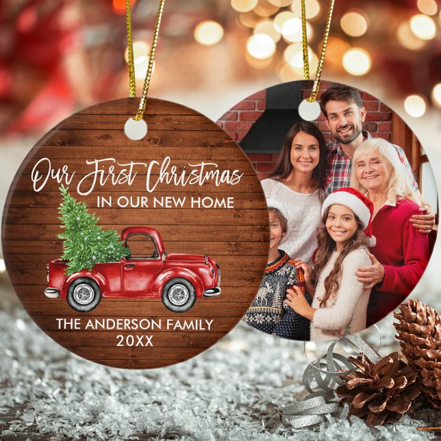First Christmas New Home Truck Wood PHOTO Ceramic Tree Decoration (Customize with Name, Year and Photo.)