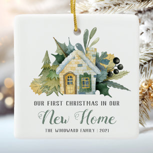 First Christmas New Home Watercolor House Green Ceramic Ornament