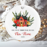 First Christmas New Home Watercolor House Red Ornament<br><div class="desc">Celebrate your first Christmas in your new home with this cute keepsake ornament, featuring a watercolor painting of a cosy red cottage surrounded by green and yellow winter foliage. The text reads "Our First Christmas in Our New Home, " with the words "New Home" in red calligraphy and the remaining...</div>