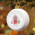 First Christmas New Home We've Moved Address Ceramic Ball Christmas Ornament<br><div class="desc">We've moved watercolor red door moving home announcement ornament to inform your family and friends about your new home. This ornament features a watercolor red front door, red brick walls, two house plants on each side of the door, and the house number on the door. Add your new address details...</div>