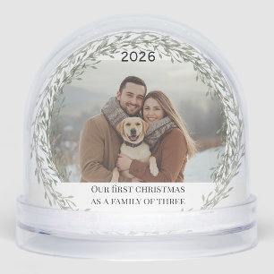 First Christmas new puppy photo family of three Snowglobe