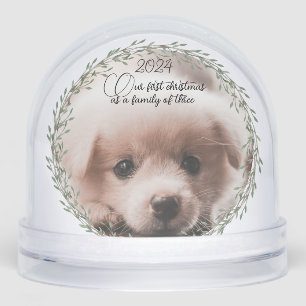 First Christmas new puppy photo family of three Snowglobe