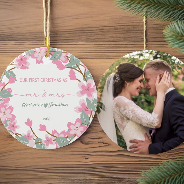  First Christmas Newlywed Photo Name Date Floral Ceramic Tree Decoration (Creator Uploaded)