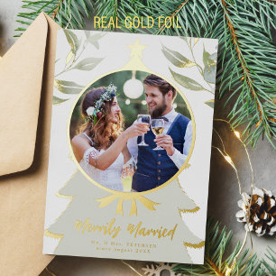 First Christmas newlywed photo sage gold greenery Foil Holiday Card