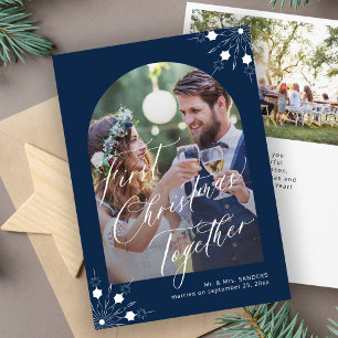 First Christmas newlyweds arch photo snowflakes Holiday Card