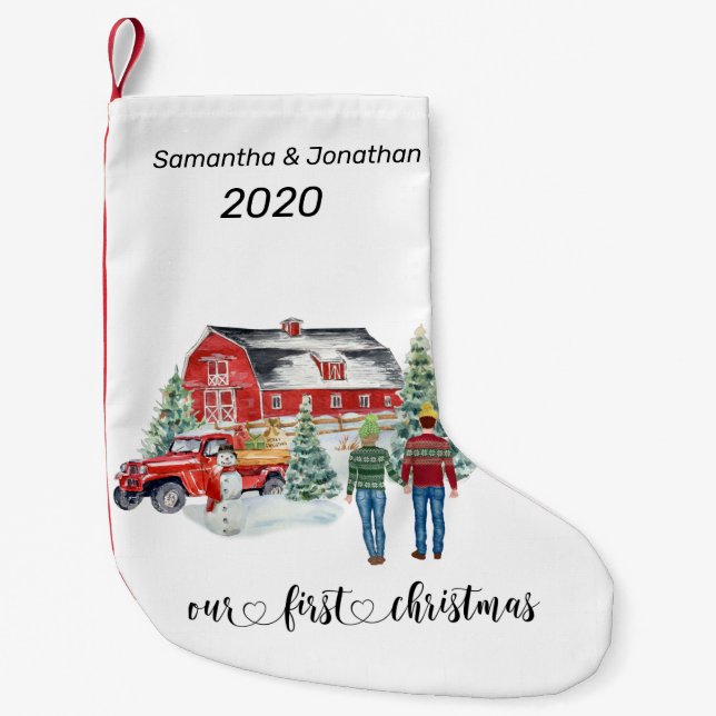 First Christmas Newlyweds Country Barn Winter Small Christmas Stocking (Front)