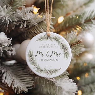 First Christmas Newlyweds Sage Greenery Ceramic Tree Decoration
