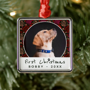First Christmas One Line Pattern Dog Pet Photo  Metal Tree Decoration