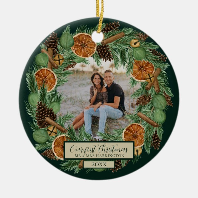 First Christmas One Photo Rustic Pine Wreath Ceramic Tree Decoration (Front)