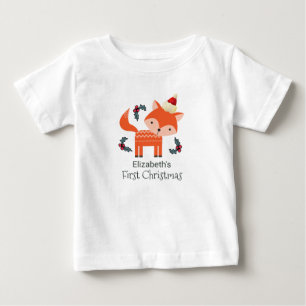 First Christmas Orange Fox In Santa Hat Customised Baby T-Shirt