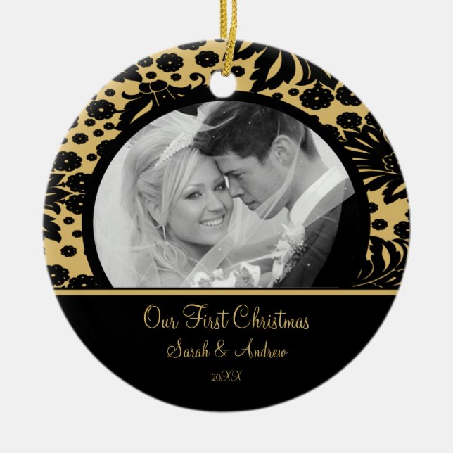 First Christmas Ornament  Photo Gold & Back Damask (Front)