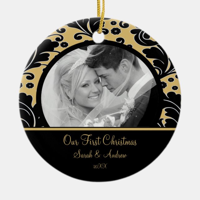First Christmas Ornament Photo Gold & Black Damask (Front)