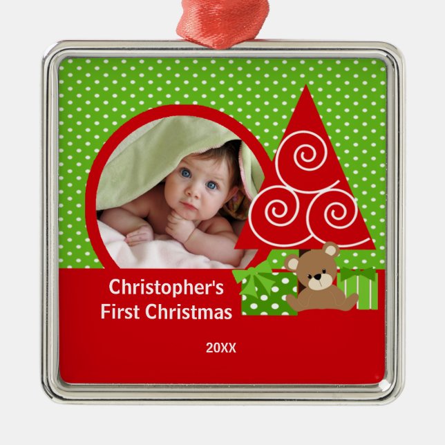 First Christmas Ornament Sweet Baby Bear Boy Photo (Front)