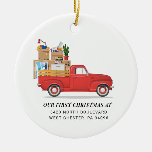 First Christmas Our New Home Red Truck Custom Ceramic Tree Decoration (Front)