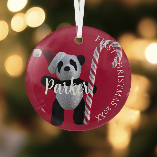 First Christmas Panda Bear Candy Cane Red Glass Tree Decoration (First Christmas panda ornament just for you)