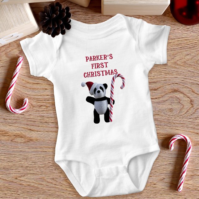 First Christmas Panda Bear Cute Baby Bodysuit (A cute panda bear bodysuit with a Santa hat and a candy cane with space for your little one's name)