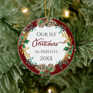 First Christmas Parents Holly Pine Cone Leaf Photo Ceramic Tree Decoration