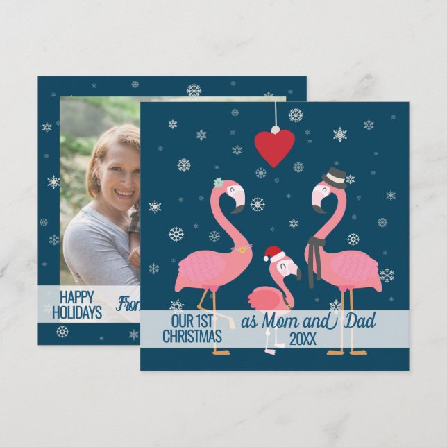 first Christmas parents photo flamingo snowflakes Card (Front/Back)