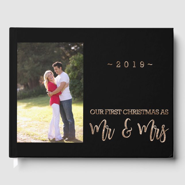 First Christmas Party Newly Weds Black and Gold Guest Book (Front)