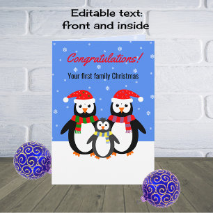 First Christmas penguin family editable text Holiday Card