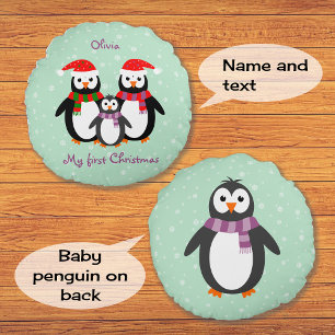 First Christmas penguins custom text double-sided Round Cushion