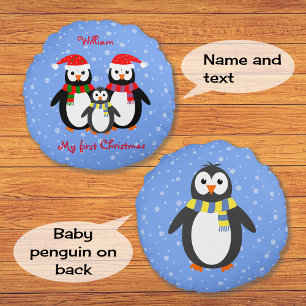 First christmas penguins your text two-sided blue round cushion