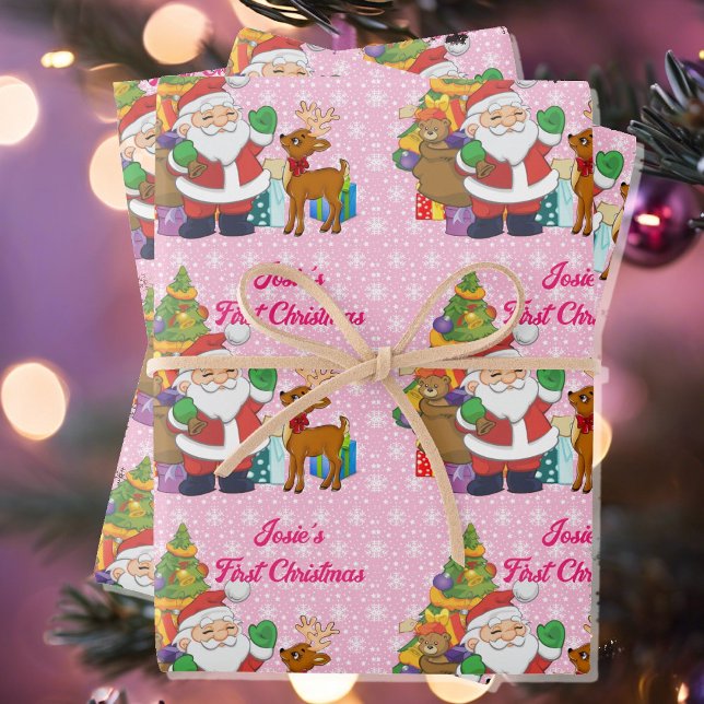 First Christmas Personalise Child's Name Santa 3 Wrapping Paper Sheet (Creator Uploaded)