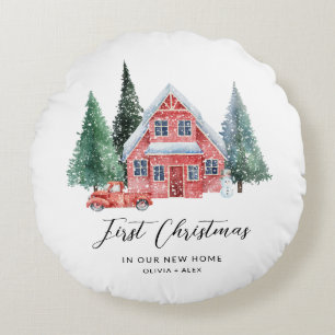 First Christmas Personalised Ornament New Home Gif Round Cushion