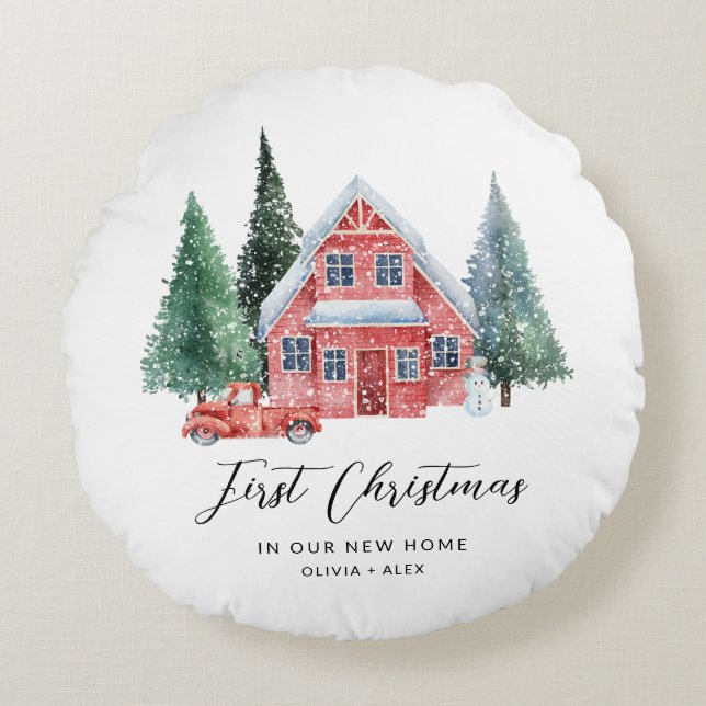 First Christmas Personalised Ornament New Home Gif Round Cushion (Front)