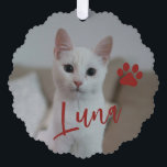 First Christmas pet cat photo name paw custom red Tree Decoration Card<br><div class="desc">Modern add your pet name dark red burgundy script and paw print First Christmas keepsake tree ornament card.</div>