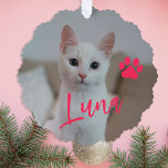 First Christmas pet cat photo name paw custom Tree Decoration Card<br><div class="desc">Modern add your pet name pink script and paw print First Christmas keepsake tree ornament card.</div>