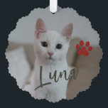 First Christmas pet cat photo name paw red green Tree Decoration Card<br><div class="desc">Modern add your pet name dark red burgundy and green script and paw print First Christmas keepsake tree ornament card.</div>