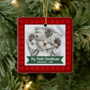 First Christmas Pet Kitten Photo Paws Red Custom Ceramic Ornament
