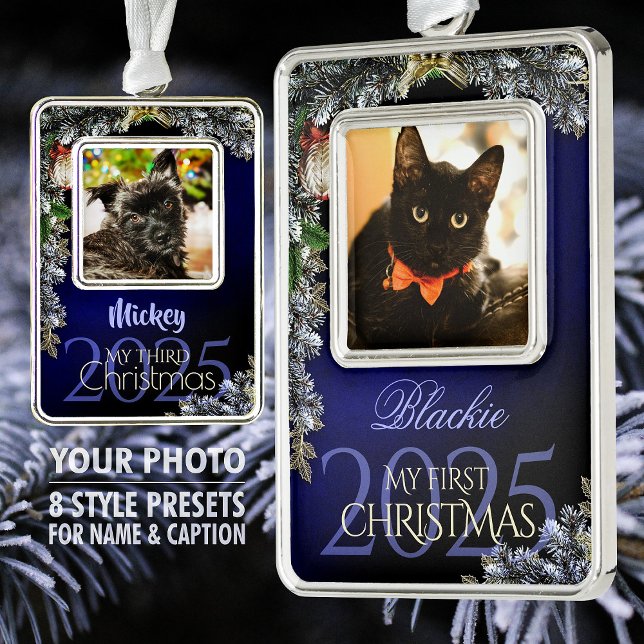 First Christmas Pet Photo Keepsake, Black-Blue - Silver Plated Framed Ornament (Creator Uploaded)