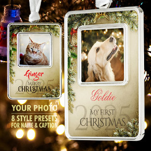 First Christmas Pet Photo Keepsake, Golden Decor - Silver Plated Framed Ornament