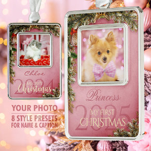 First Christmas Pet Photo Keepsake, Pink Decor - Silver Plated Framed Ornament