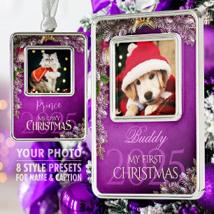 First Christmas Pet Photo Keepsake, Purple Decor - Silver Plated Framed Ornament