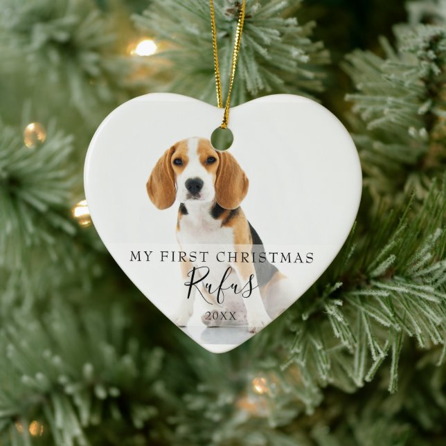 First Christmas Pet Photos Modern Script Heart Ceramic Tree Decoration (Tree)