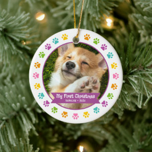 First Christmas Pet Puppy Photo Multicolor Paws Ceramic Tree Decoration