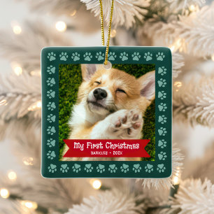 First Christmas Pet Puppy Photo Paws Green Custom Ceramic Ornament