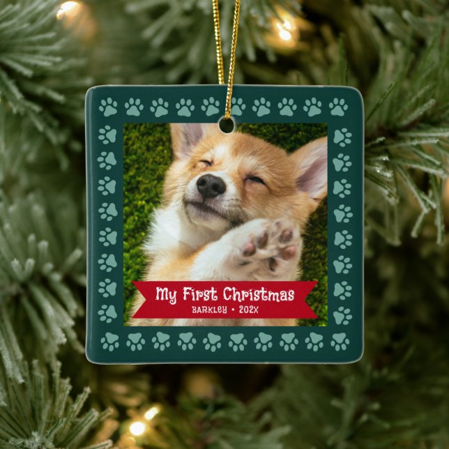 First Christmas Pet Puppy Photo Paws Green Custom Ceramic Ornament (Tree)