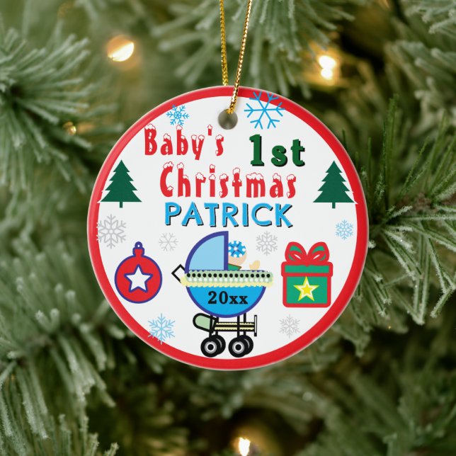 First Christmas PHOTO Boy Blue Name Ceramic Tree Decoration (Tree)