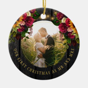 First Christmas photo Mr and Mrs floral rustic  Ceramic Tree Decoration