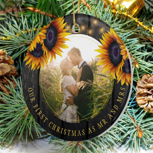 First Christmas PHOTO Mr and Mrs sunflower rustic Ceramic Tree Decoration