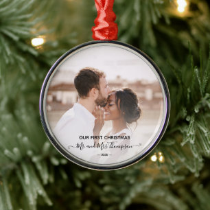 First Christmas Photo Mr Mrs Script Newlyweds Metal Tree Decoration